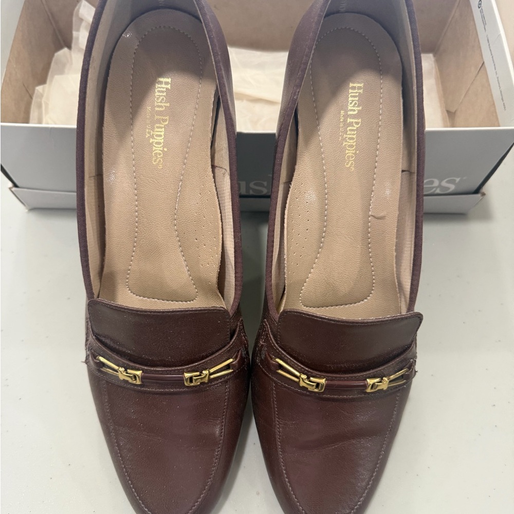 Hush Puppies Women's Dark Brown Leather Slip-On Loafers with Gold Accent